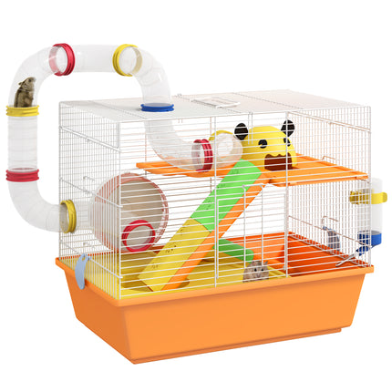 3 Tiers Gerbil and Hamster Cage with Tubes, Exercise Wheel, Ladder, Top Handle - Orange
