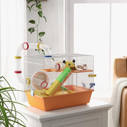 3 Tiers Gerbil and Hamster Cage with Tubes, Exercise Wheel, Ladder, Top Handle - Orange