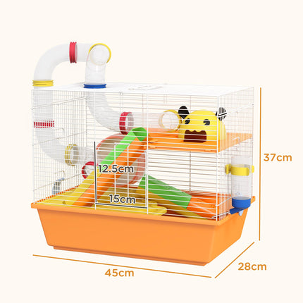 3 Tiers Gerbil and Hamster Cage with Tubes, Exercise Wheel, Ladder, Top Handle - Orange