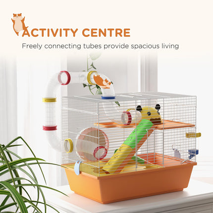 3 Tiers Gerbil and Hamster Cage with Tubes, Exercise Wheel, Ladder, Top Handle - Orange