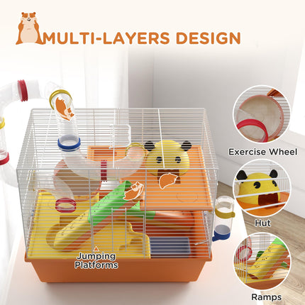 3 Tiers Gerbil and Hamster Cage with Tubes, Exercise Wheel, Ladder, Top Handle - Orange