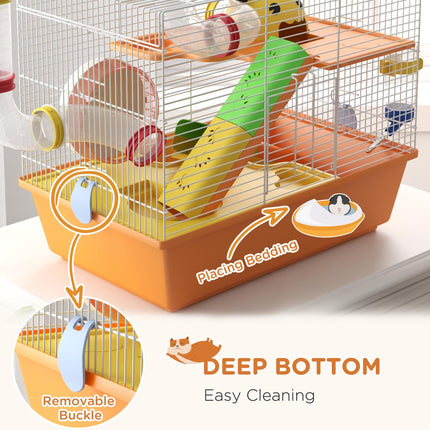 3 Tiers Gerbil and Hamster Cage with Tubes, Exercise Wheel, Ladder, Top Handle - Orange