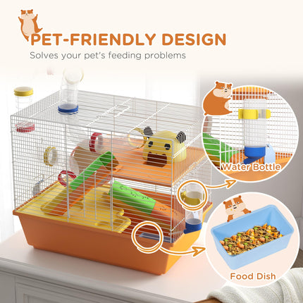 3 Tiers Gerbil and Hamster Cage with Tubes, Exercise Wheel, Ladder, Top Handle - Orange