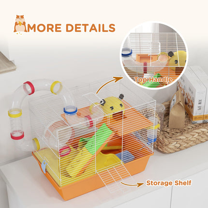 3 Tiers Gerbil and Hamster Cage with Tubes, Exercise Wheel, Ladder, Top Handle - Orange