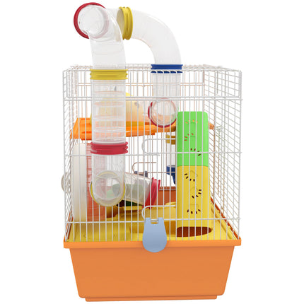 3 Tiers Gerbil and Hamster Cage with Tubes, Exercise Wheel, Ladder, Top Handle - Orange