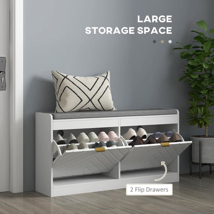 Shoe Storage Bench with Seat, 2 Flip Drawers & 4 Vents for 8 Pairs - White