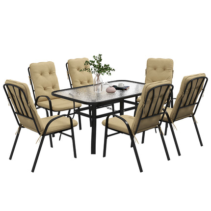 7 Piece Garden Dining Set with Cushioned Armchairs and Tempered Glass Table - Beige