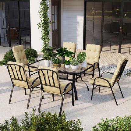 7 Piece Garden Dining Set with Cushioned Armchairs and Tempered Glass Table - Beige