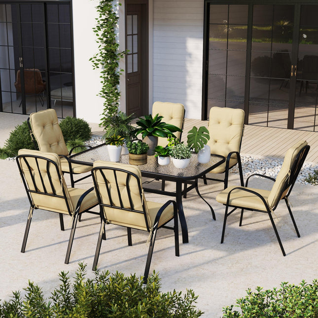 7 Piece Garden Dining Set with Cushioned Armchairs and Tempered Glass Table - Beige