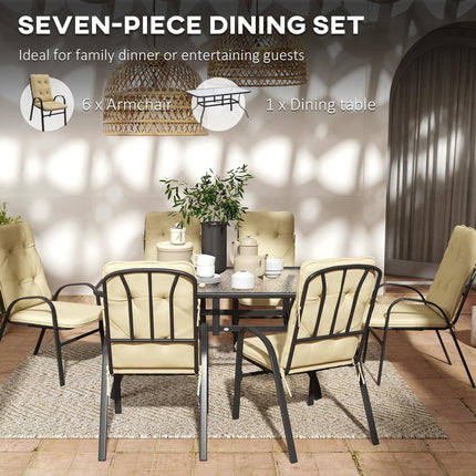 7 Piece Garden Dining Set with Cushioned Armchairs and Tempered Glass Table - Beige