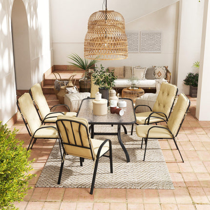 7 Piece Garden Dining Set with Cushioned Armchairs and Tempered Glass Table - Beige