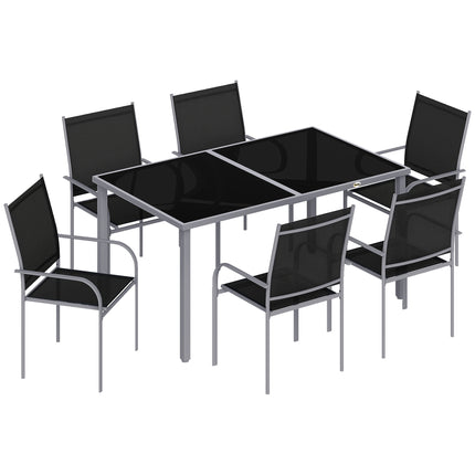 7 Piece Outdoor Garden Dining Set with Tempered Glass Table - Black