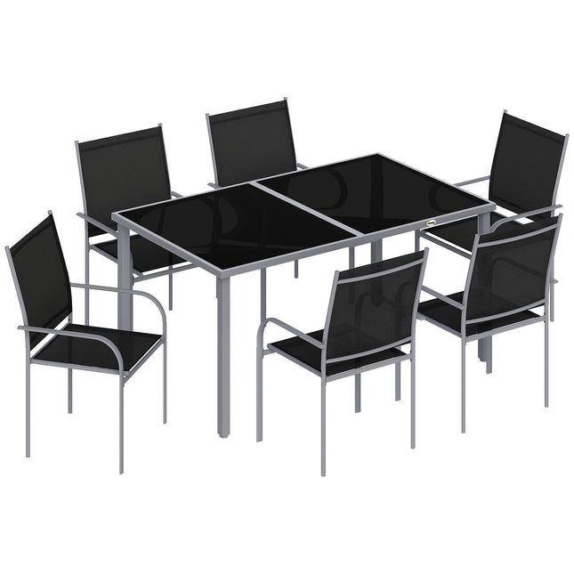 7 Piece Outdoor Garden Dining Set with Tempered Glass Table - Black