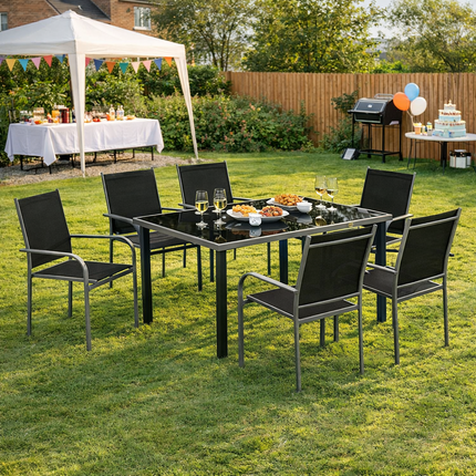 7 Piece Outdoor Garden Dining Set with Tempered Glass Table - Black