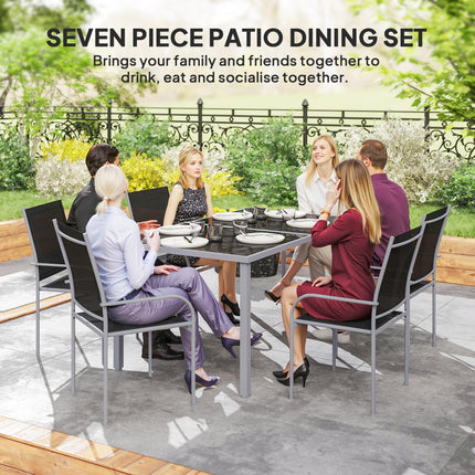 7 Piece Outdoor Garden Dining Set with Tempered Glass Table - Black
