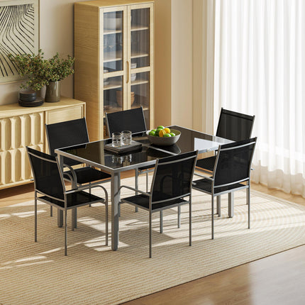 7 Piece Outdoor Garden Dining Set with Tempered Glass Table - Black