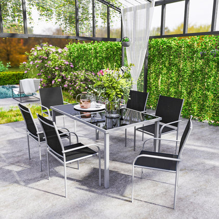 7 Piece Outdoor Garden Dining Set with Tempered Glass Table - Black