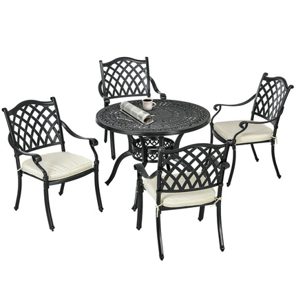 Cast Aluminium 4 Seater Outdoor Dining Set with Cushions and Parasol Hole - Black