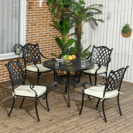 Cast Aluminium 4 Seater Outdoor Dining Set with Cushions and Parasol Hole - Black