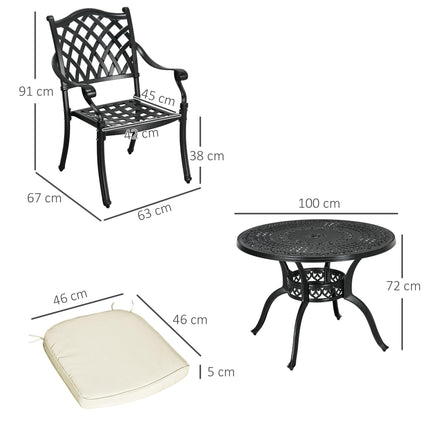 Cast Aluminium 4 Seater Outdoor Dining Set with Cushions and Parasol Hole - Black