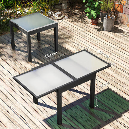 Extending Outdoor Garden Dining Table with Aluminium Frame & Tempered Glass 80-160x80x75 cm - Black Clear