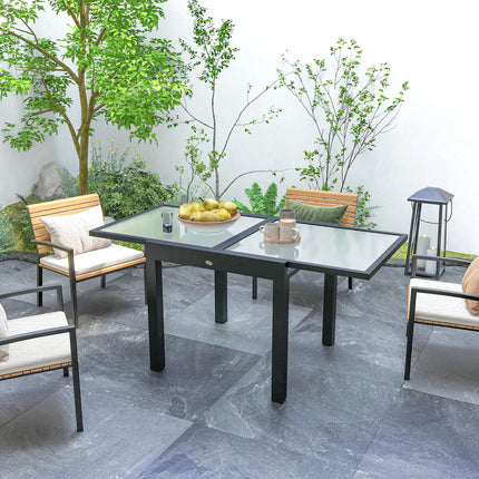 Extending Outdoor Garden Dining Table with Aluminium Frame & Tempered Glass 80-160x80x75 cm - Black Clear