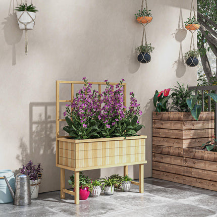 Wooden Raised Garden Planter with Trellis and Drainage Holes - Natural Wood Finish