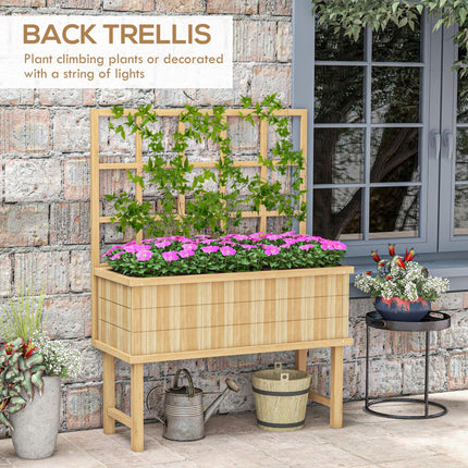 Wooden Raised Garden Planter with Trellis and Drainage Holes - Natural Wood Finish