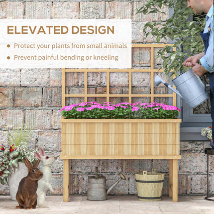 Wooden Raised Garden Planter with Trellis and Drainage Holes - Natural Wood Finish