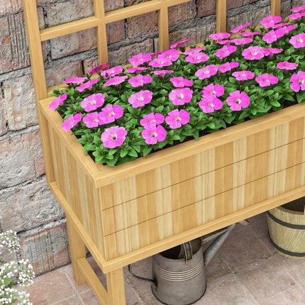 Wooden Raised Garden Planter with Trellis and Drainage Holes - Natural Wood Finish