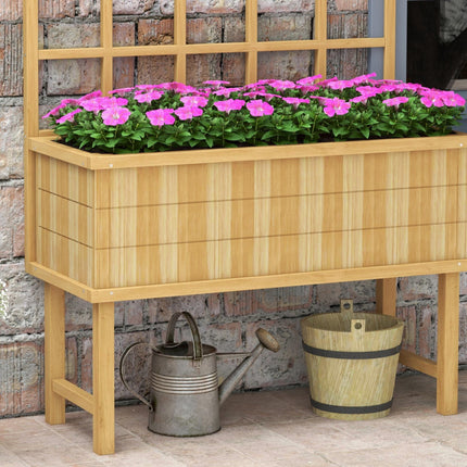 Wooden Raised Garden Planter with Trellis and Drainage Holes - Natural Wood Finish