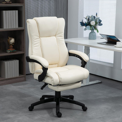 PU Leather Swivel Office Chair with Footrest, Adjustable Height, Wheels - Cream White