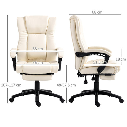 PU Leather Swivel Office Chair with Footrest, Adjustable Height, Wheels - Cream White