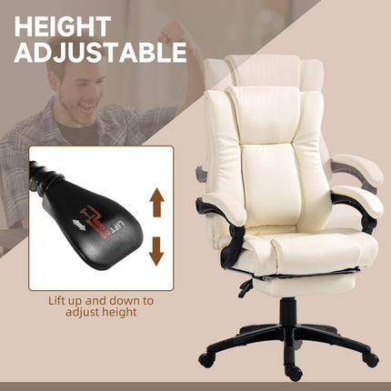 PU Leather Swivel Office Chair with Footrest, Adjustable Height, Wheels - Cream White