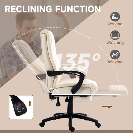 PU Leather Swivel Office Chair with Footrest, Adjustable Height, Wheels - Cream White
