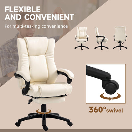 PU Leather Swivel Office Chair with Footrest, Adjustable Height, Wheels - Cream White