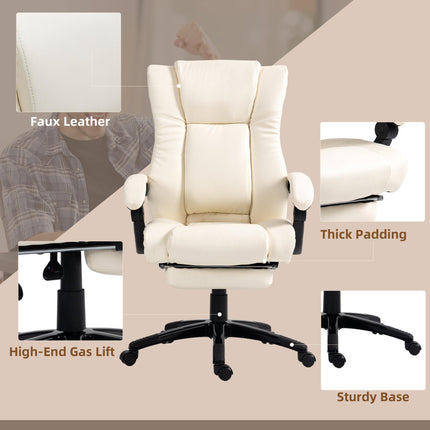 PU Leather Swivel Office Chair with Footrest, Adjustable Height, Wheels - Cream White