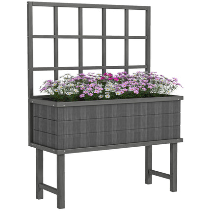 Wooden Raised Planter with Trellis and Drainage Holes, Elevated Garden Bed with Liner - Grey