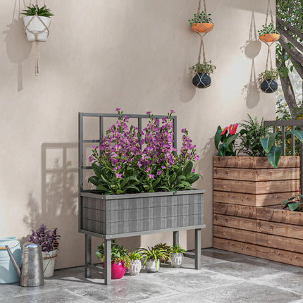 Wooden Raised Planter with Trellis and Drainage Holes, Elevated Garden Bed with Liner - Grey
