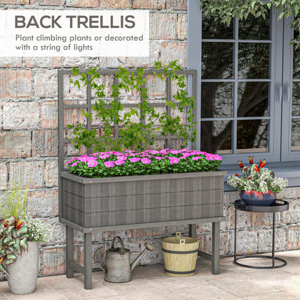 Wooden Raised Planter with Trellis and Drainage Holes, Elevated Garden Bed with Liner - Grey
