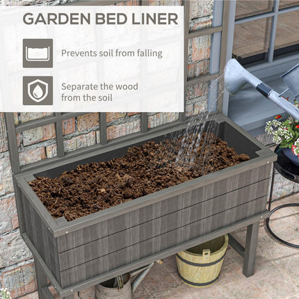 Wooden Raised Planter with Trellis and Drainage Holes, Elevated Garden Bed with Liner - Grey