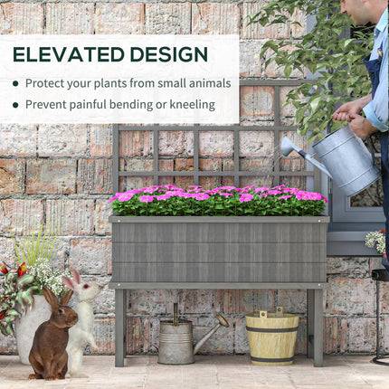 Wooden Raised Planter with Trellis and Drainage Holes, Elevated Garden Bed with Liner - Grey