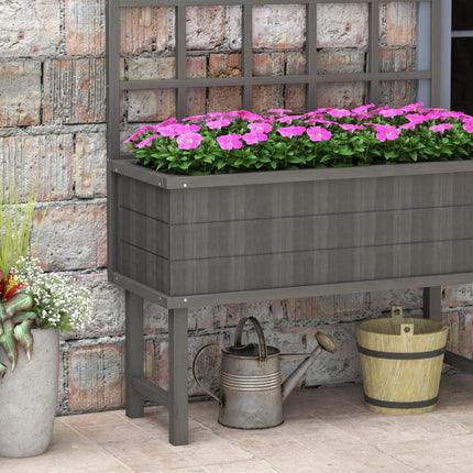 Wooden Raised Planter with Trellis and Drainage Holes, Elevated Garden Bed with Liner - Grey