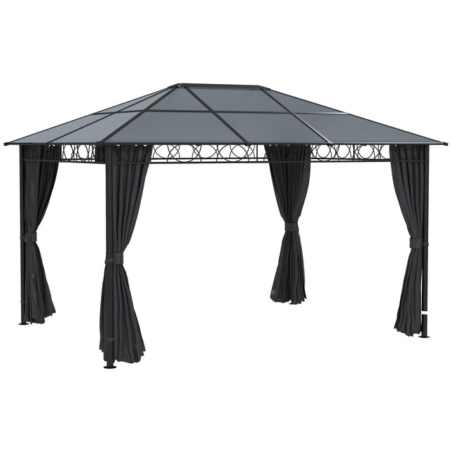 Hardtop Gazebo Garden Pavilion 3x4m with UV Resistant Polycarbonate Roof & Curtains - Grey