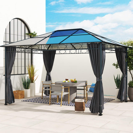 Hardtop Gazebo Garden Pavilion 3x4m with UV Resistant Polycarbonate Roof & Curtains - Grey