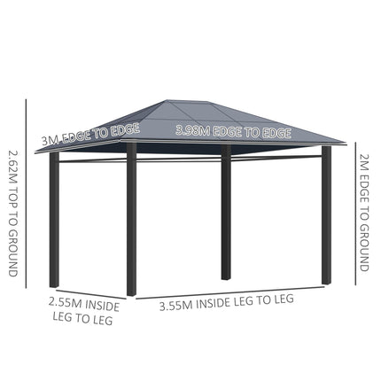 Hardtop Gazebo Garden Pavilion 3x4m with UV Resistant Polycarbonate Roof & Curtains - Grey