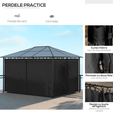 Hardtop Gazebo Garden Pavilion 3x4m with UV Resistant Polycarbonate Roof & Curtains - Grey
