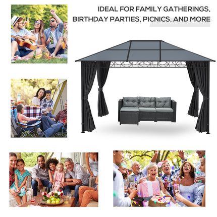Hardtop Gazebo Garden Pavilion 3x4m with UV Resistant Polycarbonate Roof & Curtains - Grey