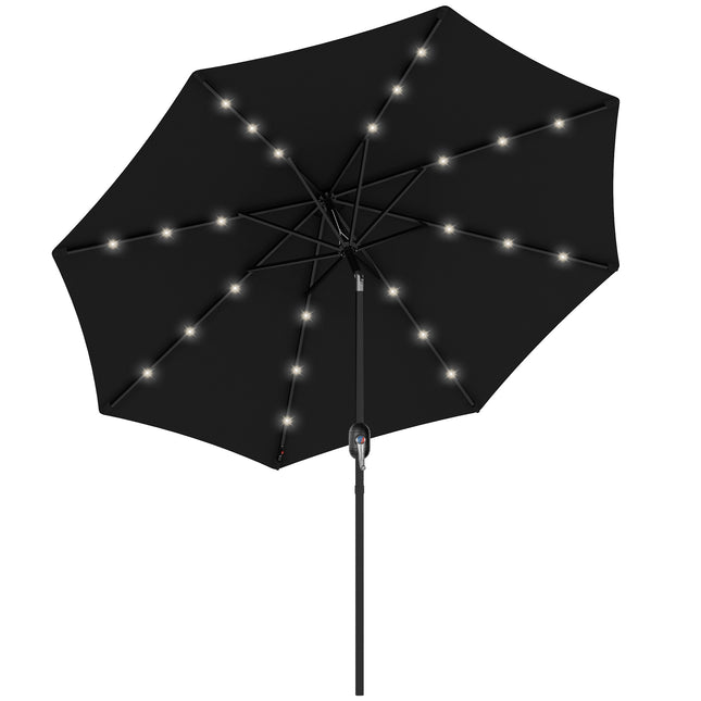 2.7m Outdoor Patio Garden Umbrella with Tilt Crank & 24 Solar LED Lights - Black