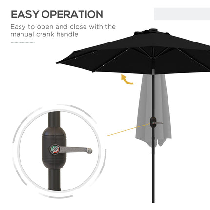 2.7m Outdoor Patio Garden Umbrella with Tilt Crank & 24 Solar LED Lights - Black